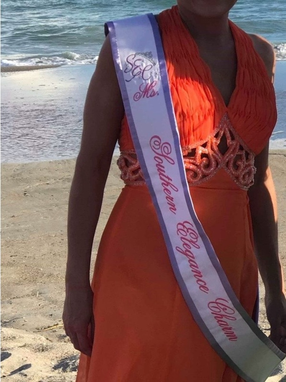 Elegant Orange Evening Gown - Sleeveless Beaded Waist